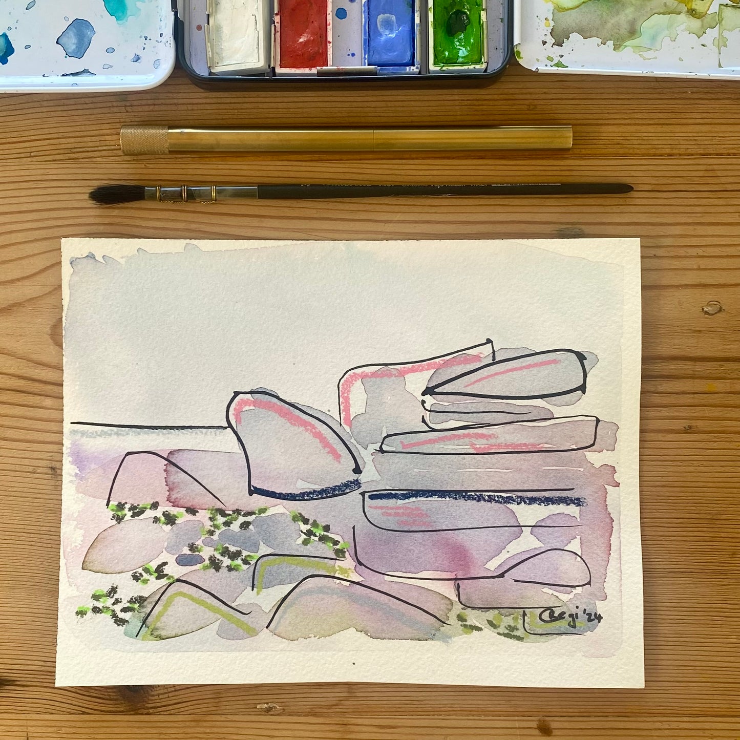 Original Calm Peaks Mixed Media - in mount