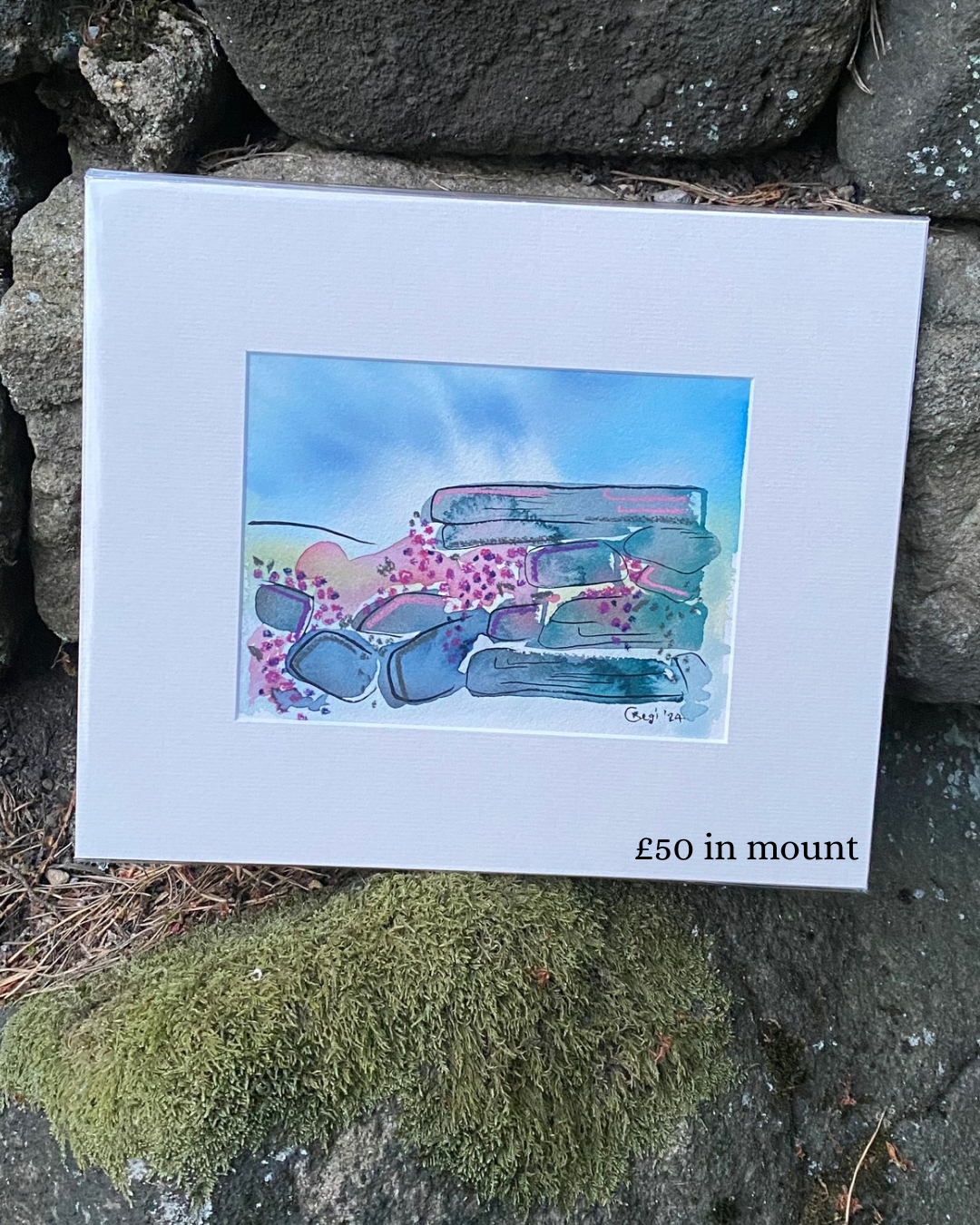 Original Heather and Flowers Bamford Edge Mixed Media - in mount