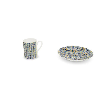 Navy and mustard tiles espresso cup and saucer