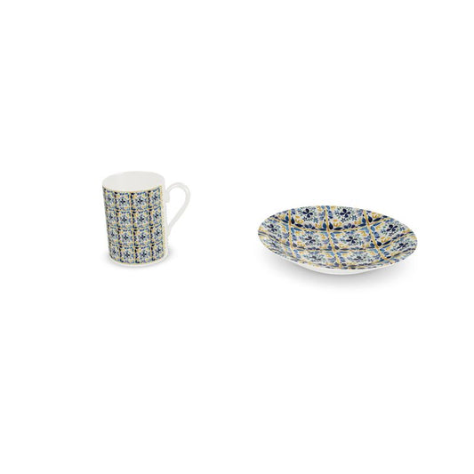 Navy and mustard tiles espresso cup and saucer