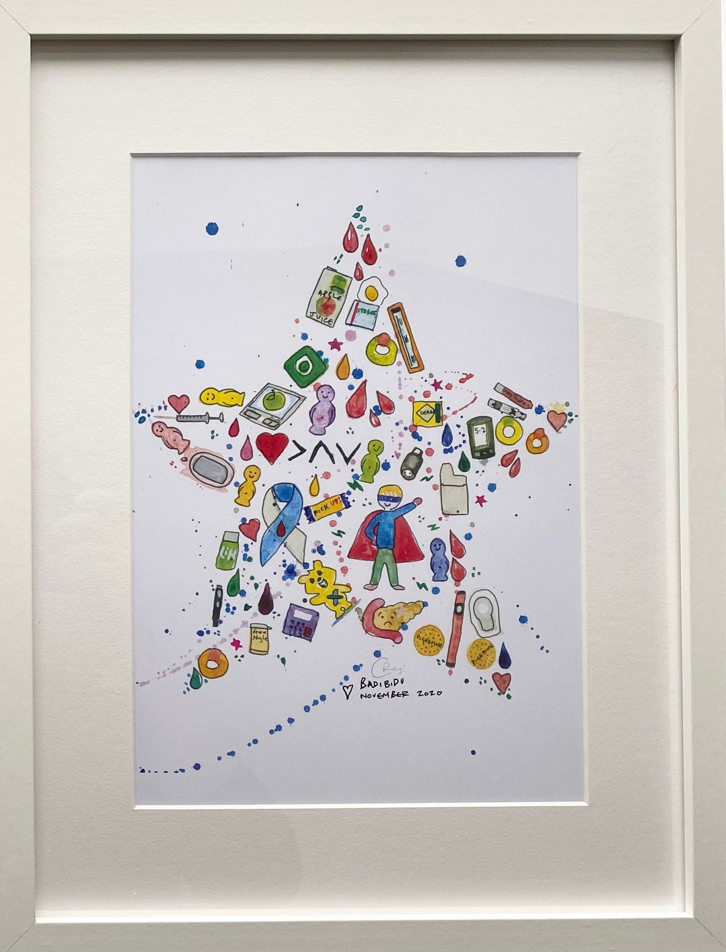 Diabetes art doodles in star shape with white frame