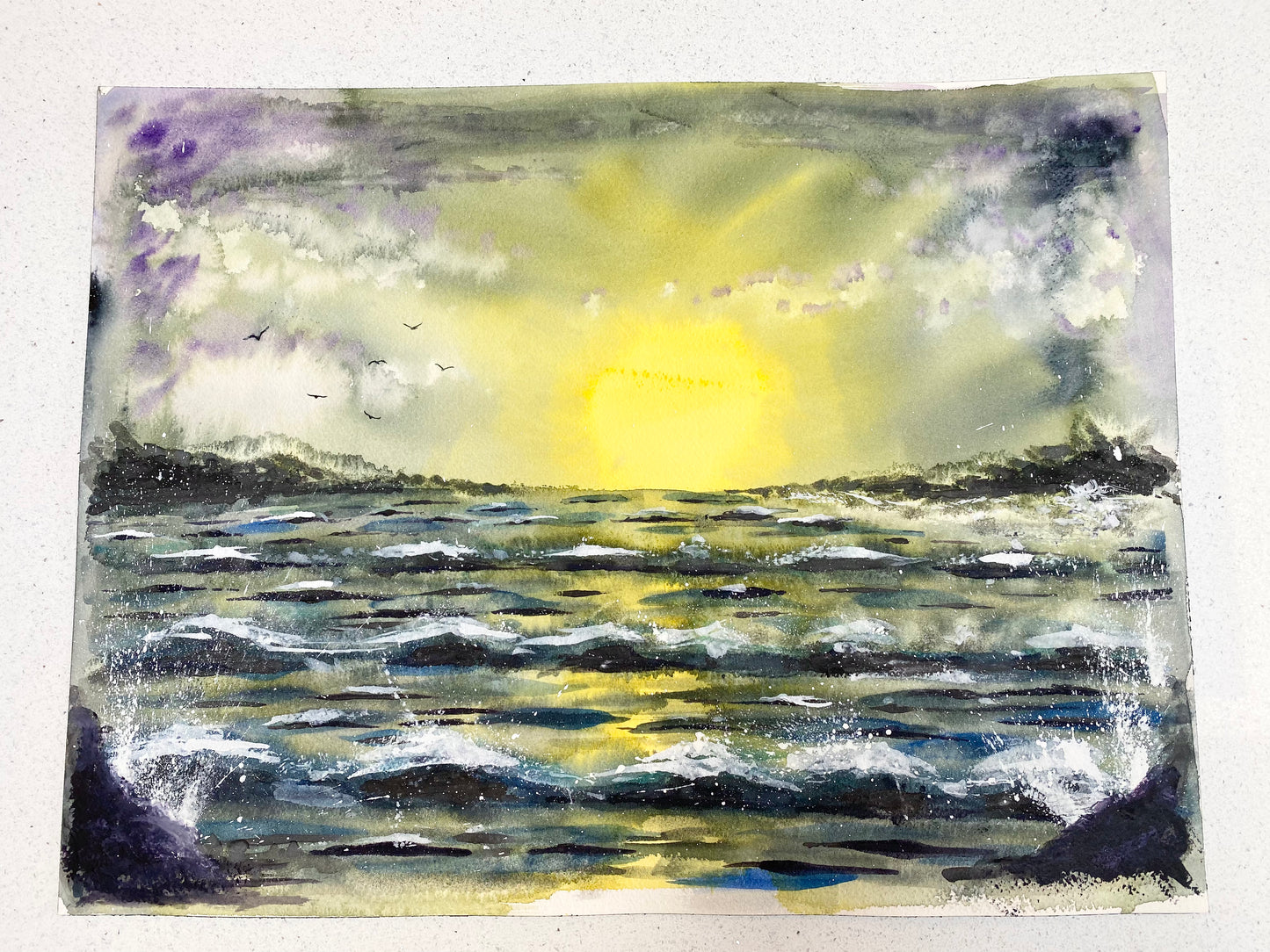 Original A3 Stormy Ocean Mixed Media Watercolour