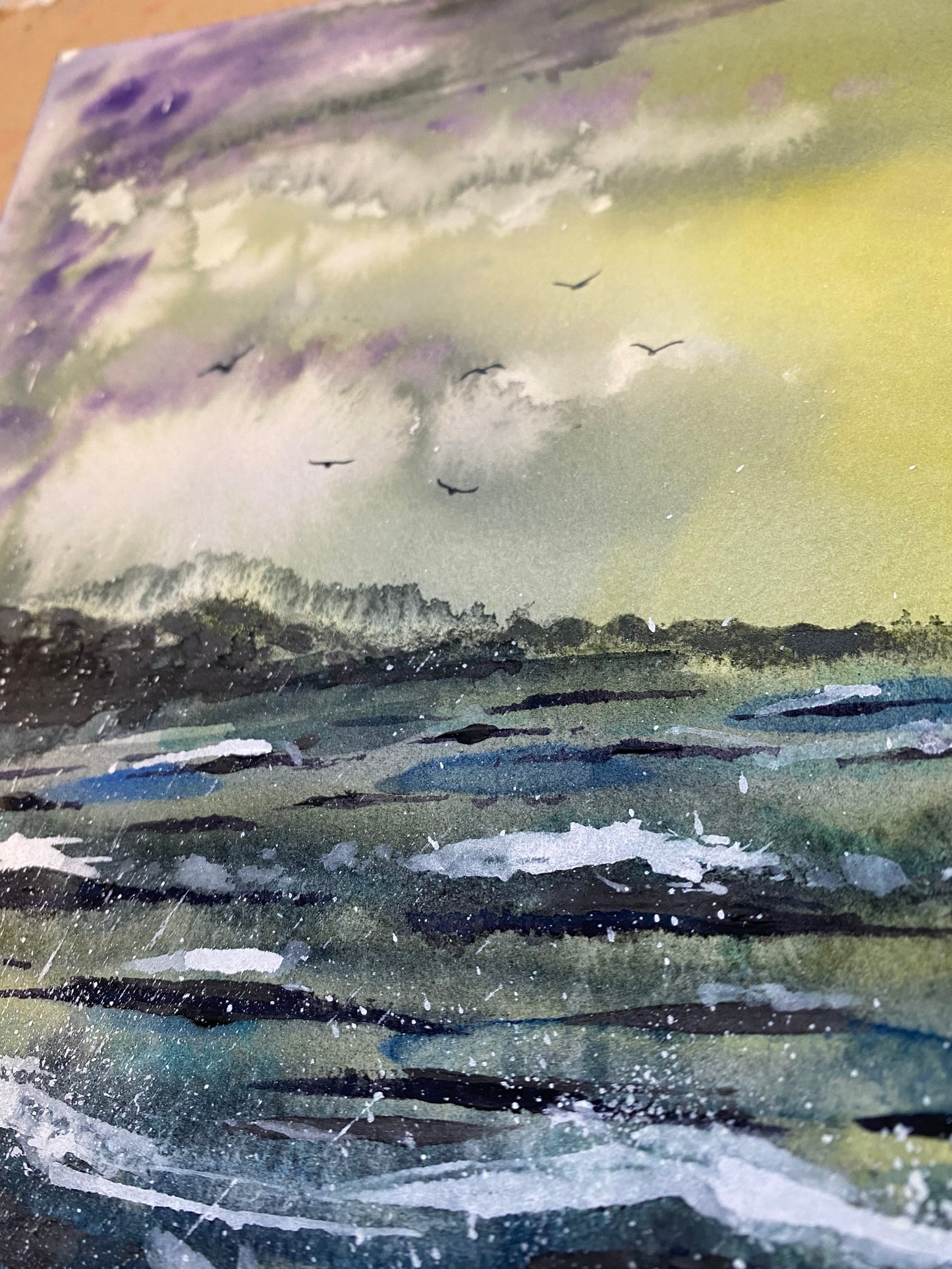 Original A3 Stormy Ocean Mixed Media Watercolour