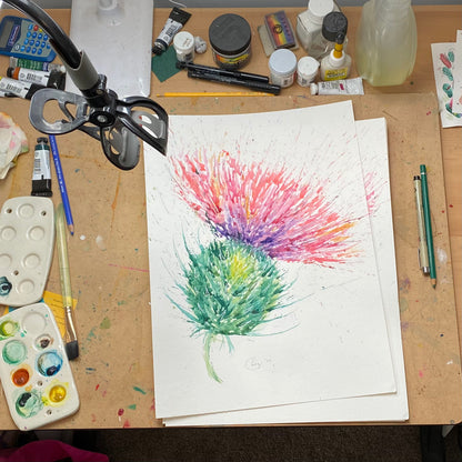 Original A3 watercolour thistle leaning